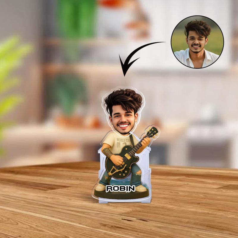 Personalized Guitarist Bobblehead Caricature Standee Gift for Musicians, Guitar Players & Music Lovers  Music Studio & Office Decor  Battery Powered Moving Head Feature